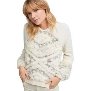 Amadi by Anthropologie Calista Textured Knit Faux Fur Sweatshirt Cream Women's M